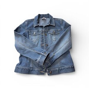 LOFT Blue Stretch Denim Jacket for women. Size 6P. Preowned condition